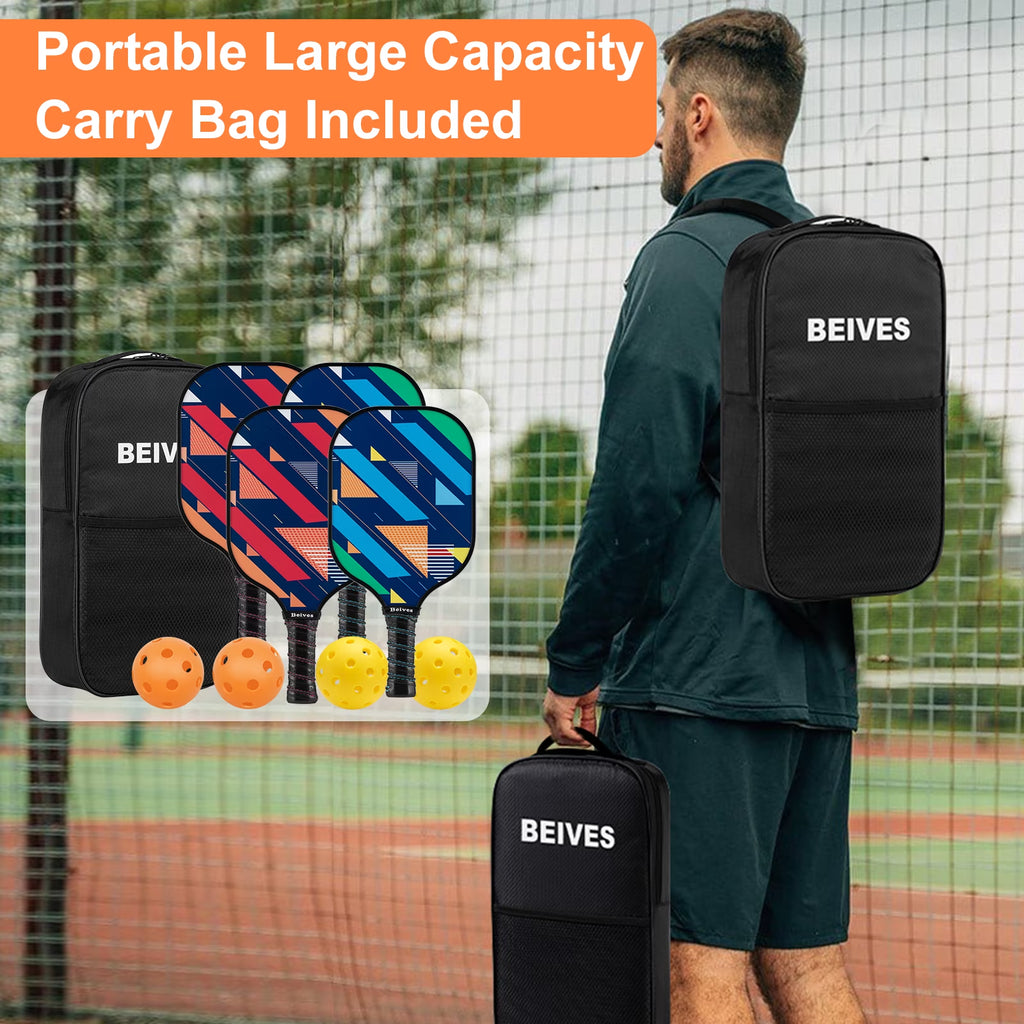 Durable Fiberglass Pickleball Paddle 4-Paddle Set - Includes 4 Balls & Carry Bag, Perfect for Family & All Skill Levels