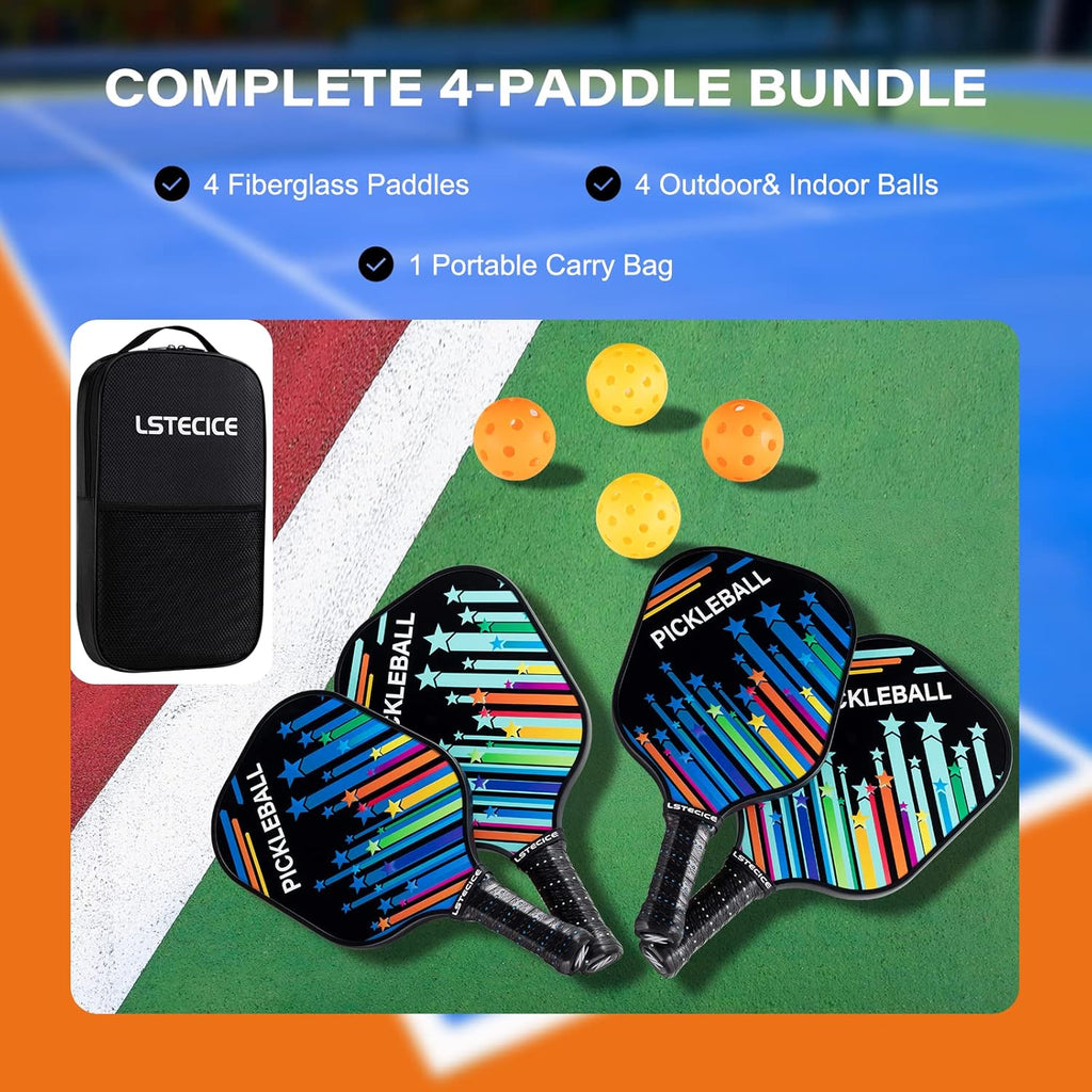Pickleball Paddles Set of 4, Fiberglass Pickleball Paddles with Honeycomb Core, Lightweight Pickleball Set with Balls & Bag for Men, Women & Beginners