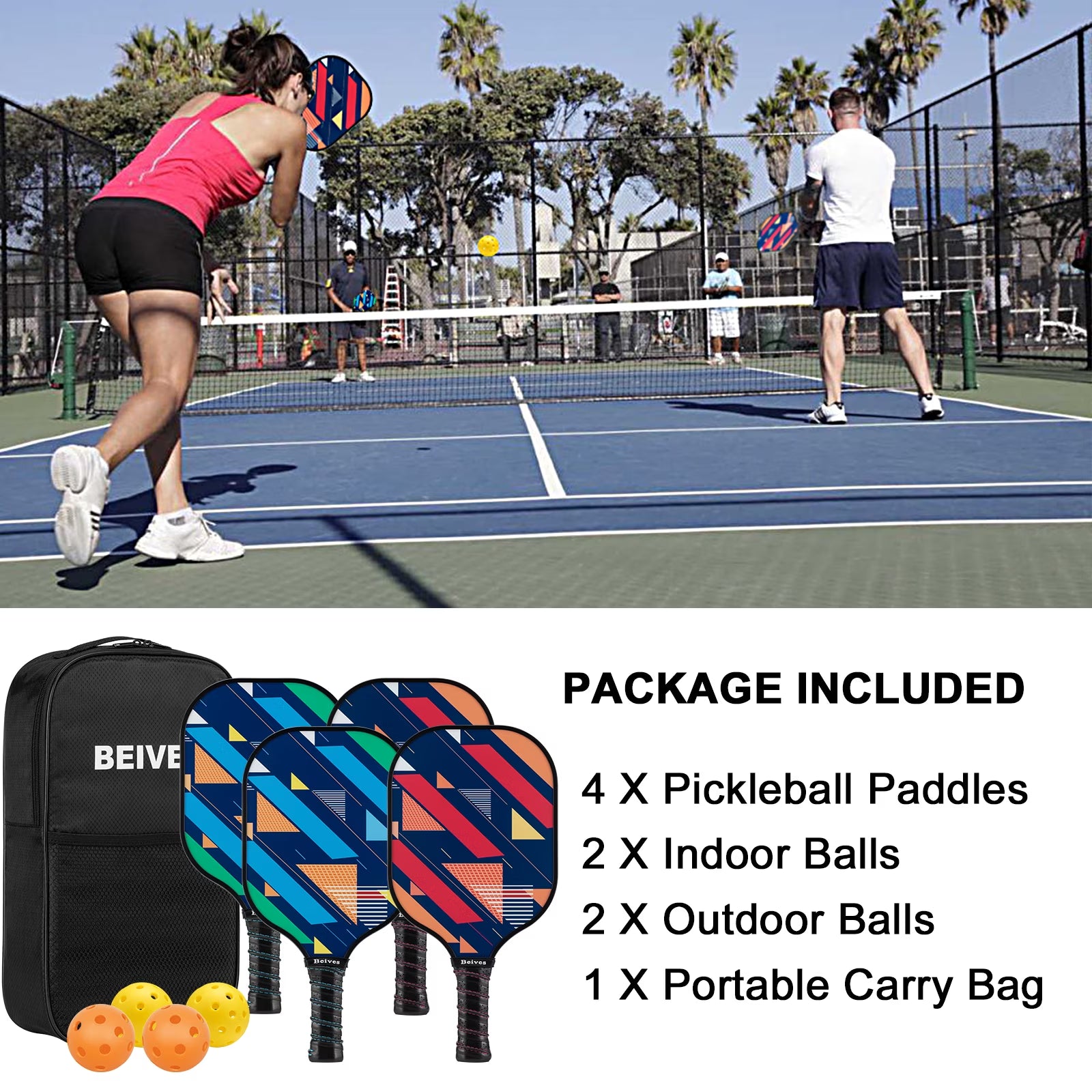Durable Fiberglass Pickleball Paddle 4-Paddle Set - Includes 4 Balls & Carry Bag, Perfect for Family & All Skill Levels