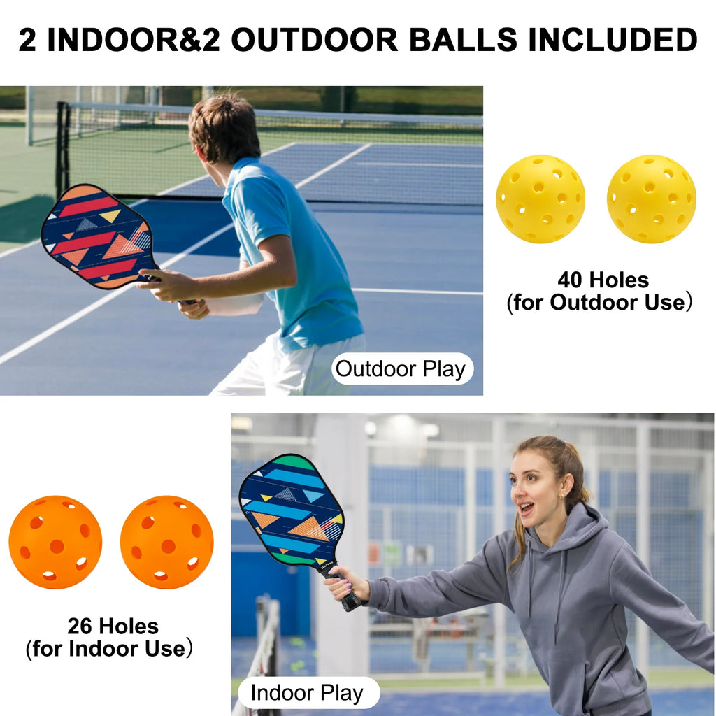 Durable Fiberglass Pickleball Paddle 4-Paddle Set - Includes 4 Balls & Carry Bag, Perfect for Family & All Skill Levels