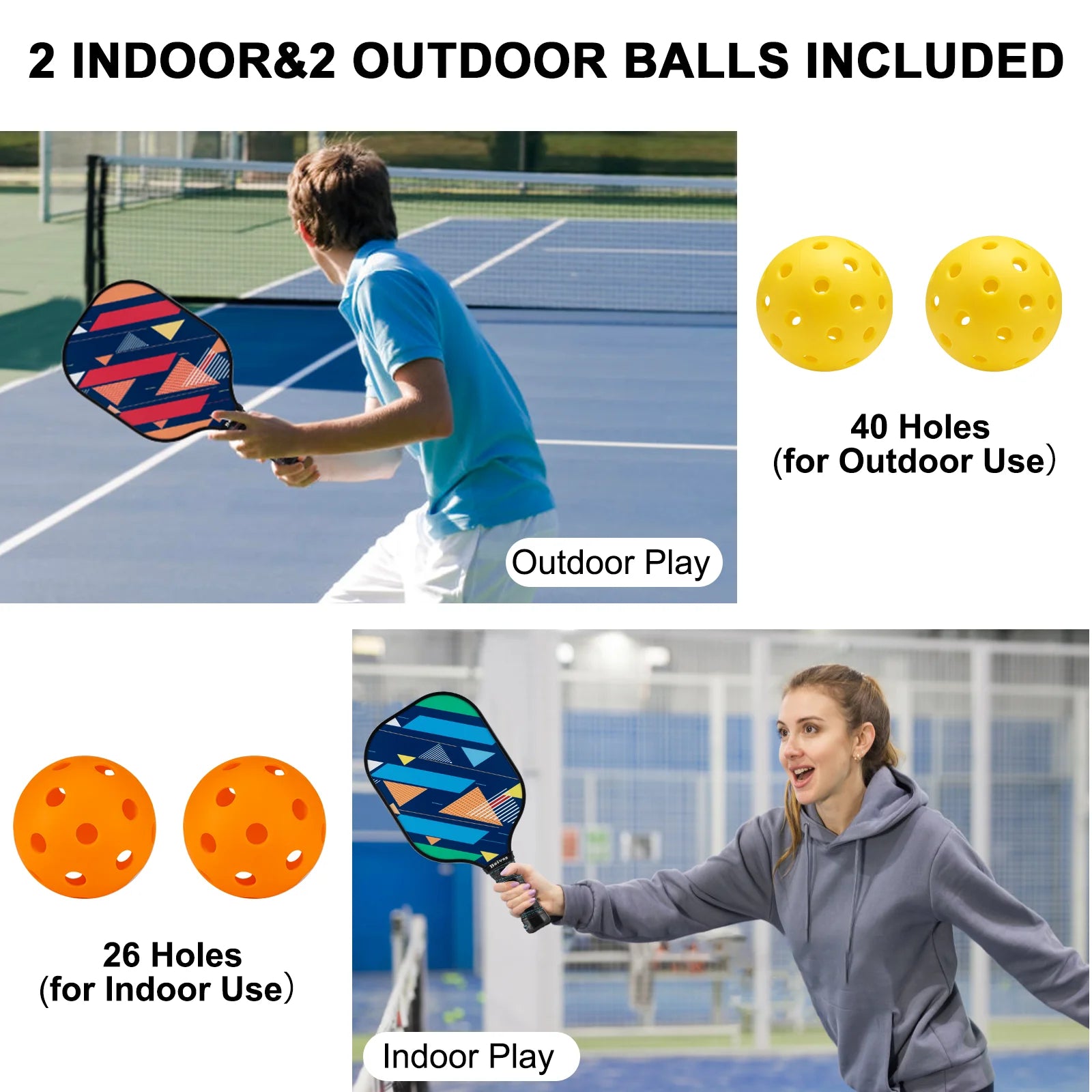Durable Fiberglass Pickleball Paddle 4-Paddle Set - Includes 4 Balls & Carry Bag, Perfect for Family & All Skill Levels