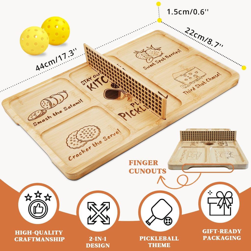 Pickleball Court Charcuterie Board with Net, Funny Father'S Day Pickleball Gifts for Mom, 2-In-1 Bamboo Serving Tray & Cutting Board, Pickleball Kitchen Decorations