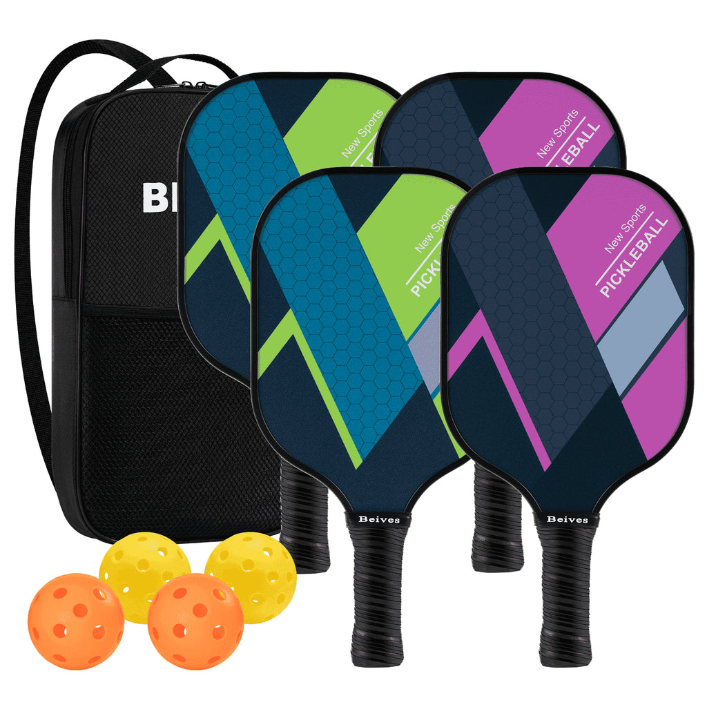 Durable Fiberglass Pickleball Paddle 4-Paddle Set - Includes 4 Balls & Carry Bag, Perfect for Family & All Skill Levels