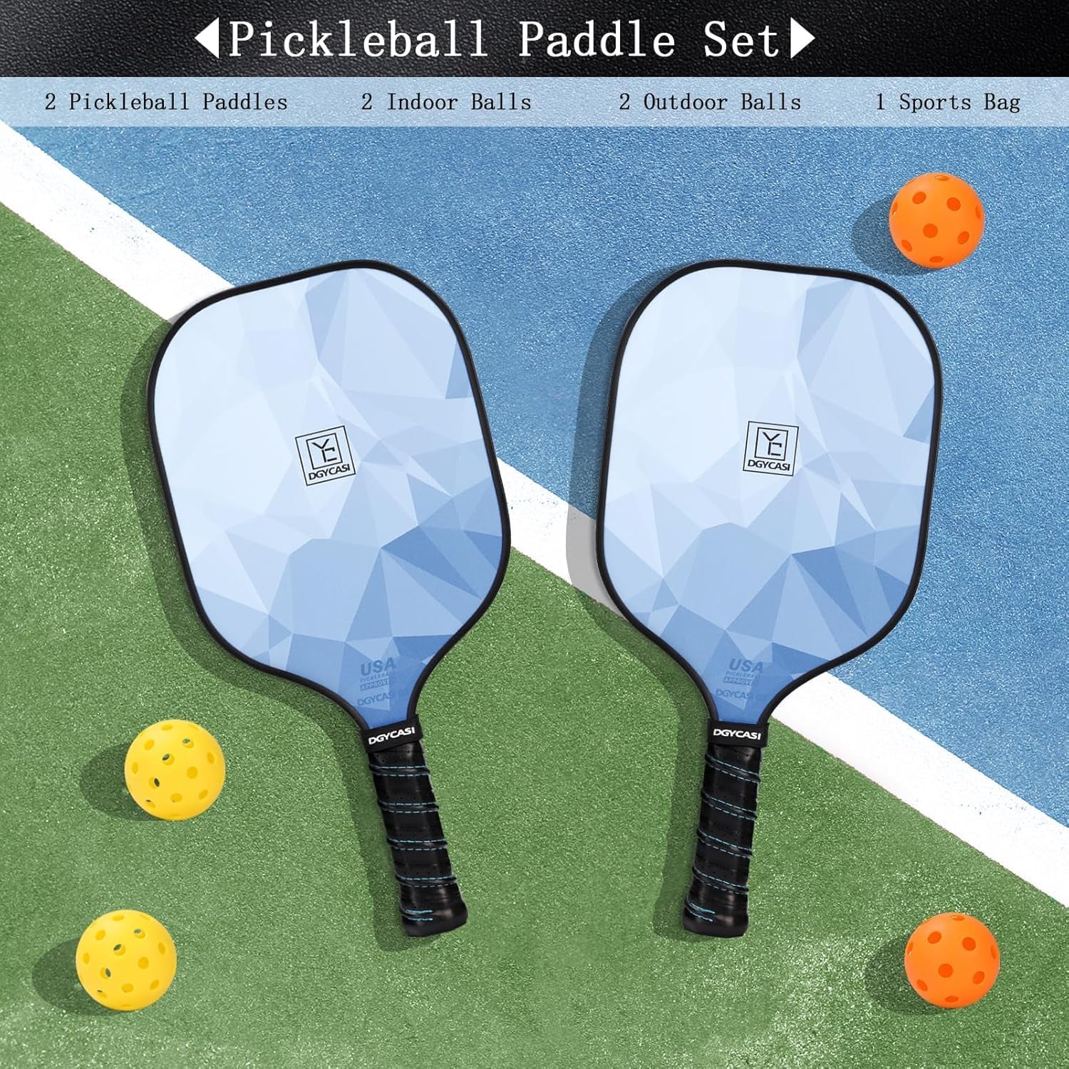 Pickleball Paddles Set of 2, 2026 USAPA Approved Pickleball Set, Fiberglass Lightweight Pickle Ball Rackets 2 Pack, 2 Outdoor Pickleball, 2 Indoor Pickleball Balls, 1 Pickleball Bag